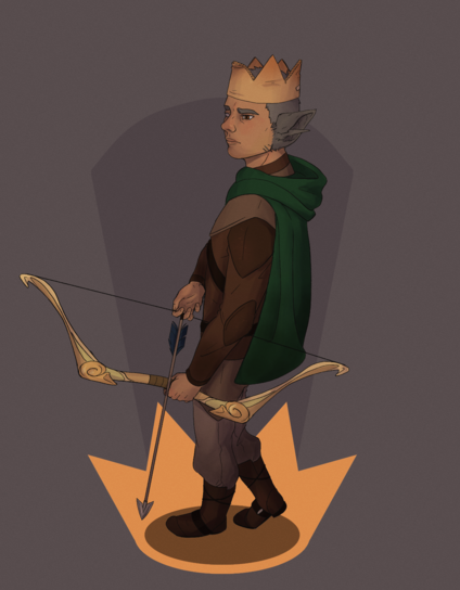 digital art of a male character with grey hair and large bat ears. He's wearing a beat up crown made of cardboard and holding a bow with nocked arrow