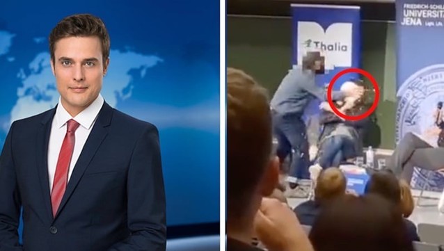 Constantin Schreiber bekommt eine Torte ins Gesicht gedrückt
