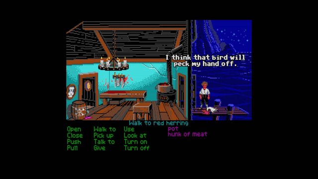 Screenshot of The Secret of Monkey Island EGA running with a fitting graphics shader enabled.
