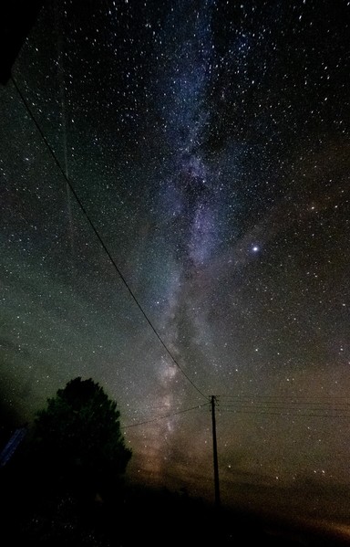 Wide angle photo of the nightsky with mily war. Pole for electricity and tree in the foreground.