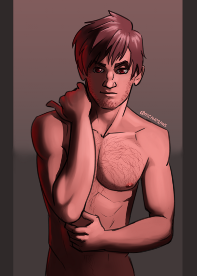 Illustration of Davor shirtless and giving smolder to the camera