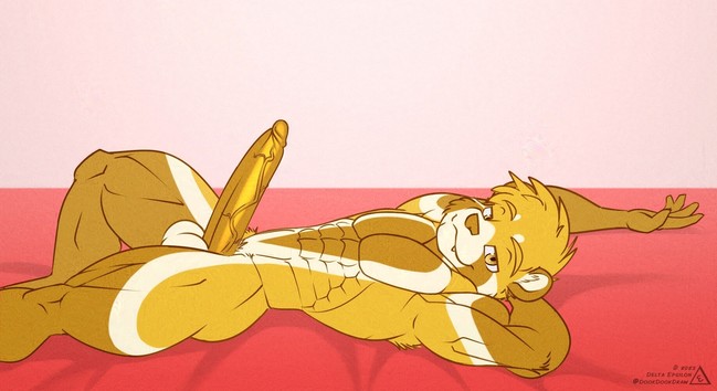 Furry art of my character Banana lying down nude. He is an anthropomorphic red panda with yellow coloration. He is sprawled out on a soft-looking surface and looking suggestively at the viewer. His large erection is prominently on display in the center of the picture.