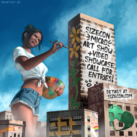 Giant woman in jean shorts and a white shirt with a palette painting buildings in a city