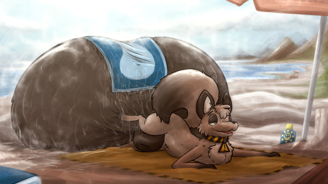 Lewd cartoon drawing of a small dog creature laying on a towel on the beach, head-sized sheath between his legs and balls bigger than their body rising up behind. A towel is on the balls, drenched in sweat from them, musk rising around them. They are wearing a collar with a warning triangle on it, a bottle of sunscreen is next to them.