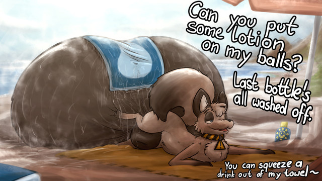 Same image with dialog text written on it, reading: "Can you put some lotion on my balls? Last bottle's all washed off. You can squeeze a drink out of my towel~"