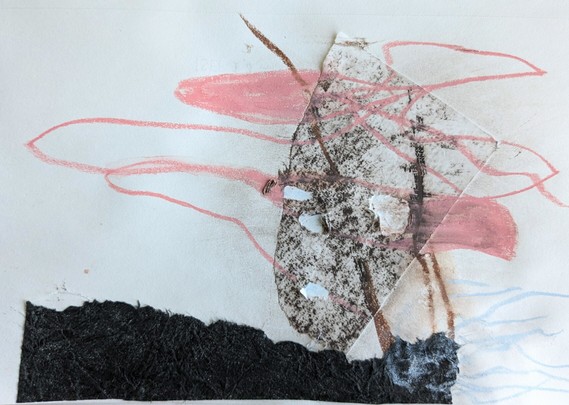 A collage in brown and black, with pink scribbles overtop.