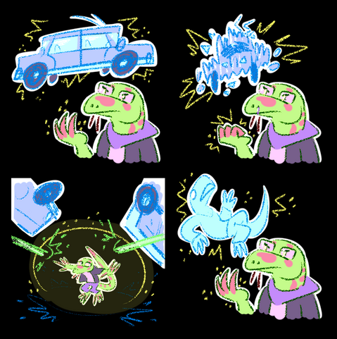 Tial the tiny space salamander use their telekinetic abilities to lift a whole car, and proceed to crush it to scraps. They use a shield to deflect incoming laser attacks, as well as nearby vehicles.

Lastly, they lift a living being, YCH creature. What should they do with this one??