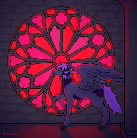 Digital drawing of a purple pony character with fangs. He is holding a proud pose and glaring at the viewer. Right behind him is a big round gothic stained glass window with red and pink glass panes. It illuminates the character and room in dim red light.