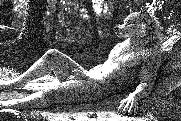 woodcut block printing of male werewolf relaxing in forest
