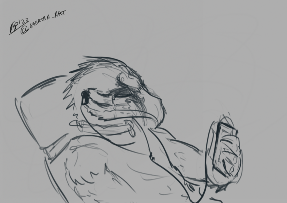 digital sketch of an anthropomorphic bearded vulture listening to some music,eyes closed