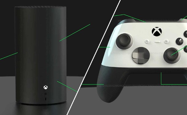 Image showing a new all-digital cylindrical black Xbox Series X game console on the left and a new Xbox game controller with a white top half and bottom black half on the right.