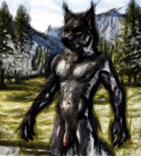 Very rough drawing of naked maker werewolf with mountains and trees in background