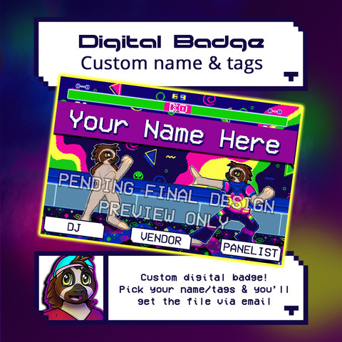 Advert showing a colourful pixel art of a fighter game, with two sloth characters ready to fight. This image comes with your custom name and tags on the badge.