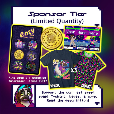 An advert that shows the limited quantity Sponsor Tier that includes a choice of regular or all-over-print pattern shirt, and then comes with a pog set, sticker and badge! It also comes with a button pin set that was added for free thanks to our fundraiser.