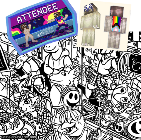 A collage showing a cool jam pacaked arcade colouring page that can be done digitally, or printed and coloured that way, a VR avatar badge, and Minecraft skins. (Also has more goodies in the discord channel!)