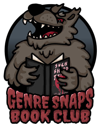 A cartoon style werewolf with brownish fur reading a horror book and laughing. Creepy red text underneath reads "Genre Snaps Book Club."