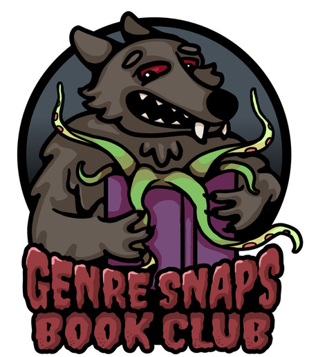 A cartoon style werewolf with brownish fur smiling while looking down at an open book with green tentacles emerging from it. Creepy red text underneath reads "Genre Snaps Book Club."