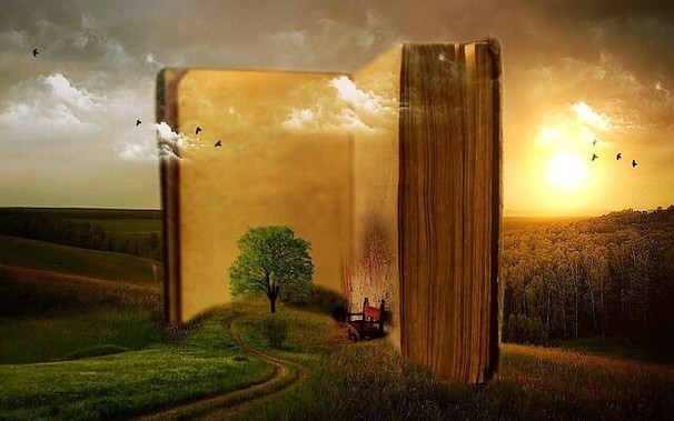 Fantasy oveersized book open in the middle of a field, with trees growing in it