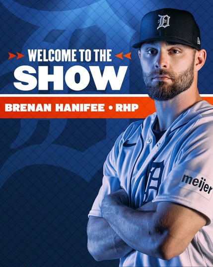 Stylized graphic reading "Welcome to the Show, Brenan Hanifee - RHP." Hanifee poses with arms folded to the right of dark blue gradient background with Olde English D logo.