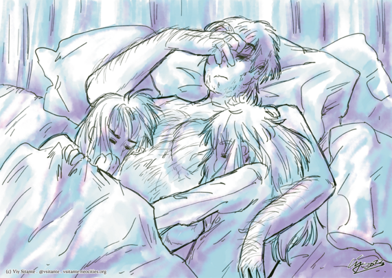 Two-toned picture, with blue as the base and a reddish-purple for the accents or added shadows. There are three people in bed, with about four pillows under or above them. Magnus, the center figure is naked at least from the top, and appears to be waking up very groggily. His face is messed up because bed hair, yanno? His hand is above his head, as if getting the sleep out of his eyes.

On top of him by his sides are Max and Astemar. Max is on his right, apparently using half of Magnus' chest as a pillow. He's hogging the bedsheet very profusely, making us see the upper half of Astemar and Magnus. Max looks like he may not be having a nice dream. That or that's his sleeping face. We don't see his body of course, save for his shoulder peeking out.

Astemar, on the other hand, is dressed in pajamas, curled up against Magnus. She's using the other half of his chest as a pillow. We see her arm extended to wrap around Magnus' belly. Magnus' left arm is around her,