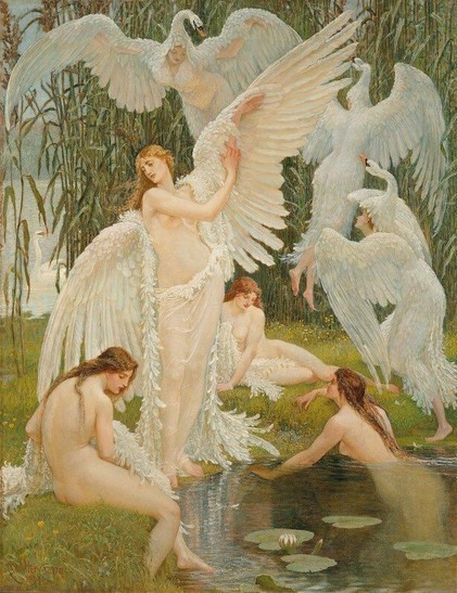 Several swan maidens enjoying fun in the water Victorian art