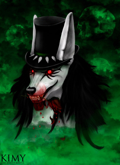 An anthropomorphic Anubian jackal with white fur and a black mane pokes its head out of a sea of ​​green smoke. He has a grotesque smile and holds a rose in his bloody mouth. He wears a top hat with holes for his long ears. His eyes are decorated with long black lines similar to the legs of a spider and his red pupils remain fixed on the viewer.