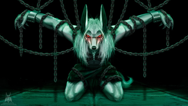 A white-furred Anubian Jackal stands chained on its knees with its arms outstretched to the sides. His long hair and braided goatee droop down, as do large black tears under his red, hate-filled eyes. He observes the viewer silently. He only wears a worn black shenti and several chains that wrap around his body and keep him imprisoned. He is in a dark room lit only by a viridian light on him. Despite his situation, his body continues to look healthy and nourished, in addition to maintaining an unearthly symmetrical pose.