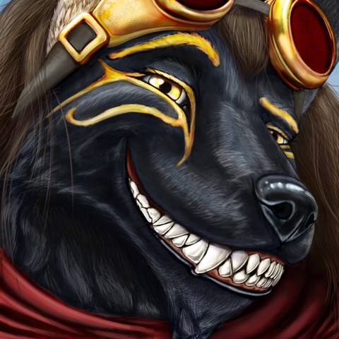 A smiling Egyptian Wolf with a red scarf and steampunk googles.