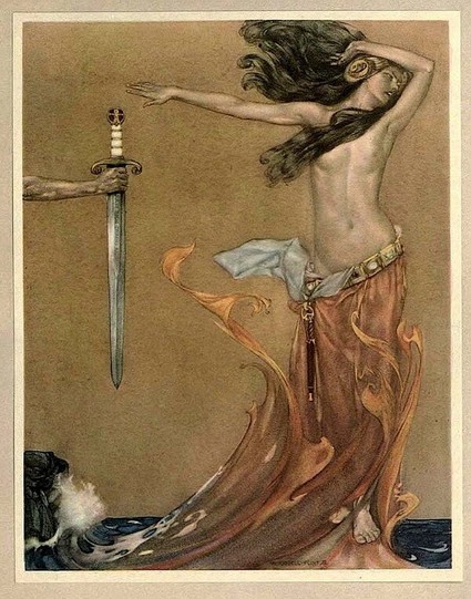 The Lady of the Lake hands King Arthur the magical sword Excalibur A Victorian era illustration