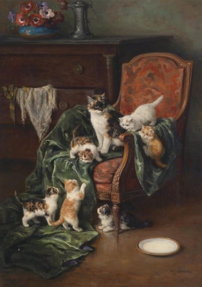 A mother cat with her many kittens on a chair Victorian art