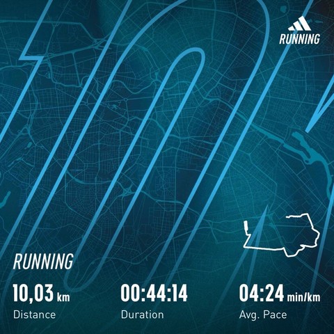 Sharepic für einen 10 Kilometer Lauf, 44:14 Minuten, Pace: 04:24