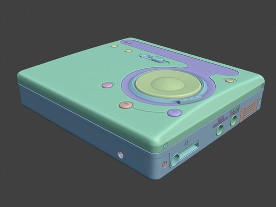 A work in progress 3d model of a sony MD walkman MZ-R700PC minidisk player, with random color per 3d object (Blender’s viewport).