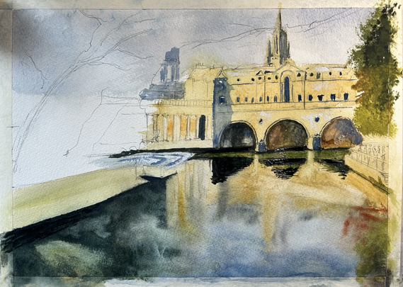 A painting in progress of a bridge with houses on it with three arches and some reflections in the water at the front