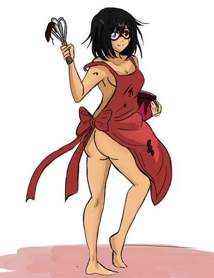 Sorawo in nothing but a red apron, waves a mixer. Her bare butt is showing.