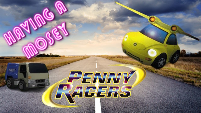 The thumbnail from my latest video "Penny Racers Review - Having a Mosey".

In the foreground, "Having a Mosey" is displayed in the top left corner in a pink, neon-style font. The bottom of the screen features the logo from the PlayStation 2 game, "Penny Racers". Cute chibi cars, a garbage truck and a Volkswagen beetle with wings sit at either side.

In the background, there is simply an endless stretch of road, disappearing off into the horizon.