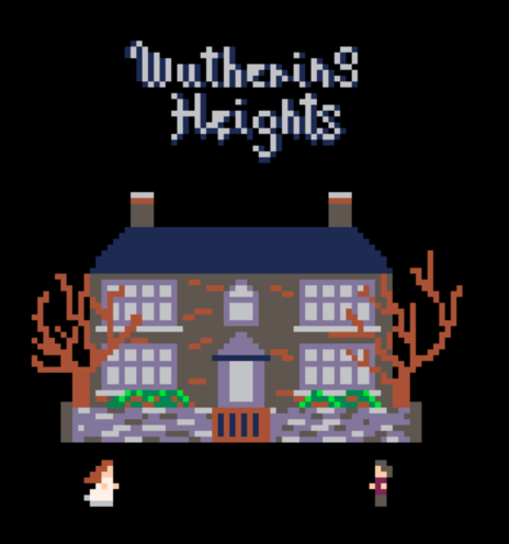 A pixel art image that says "Wuthering Heights," with an estate on the moors, with a woman and man running towards each other.
