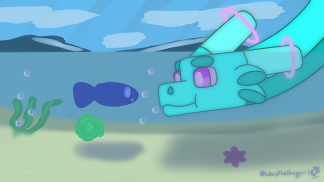 A drawing of Warp, a light blue dragon. Her head is underwater, a fish in front of her. There are mountains in the background.