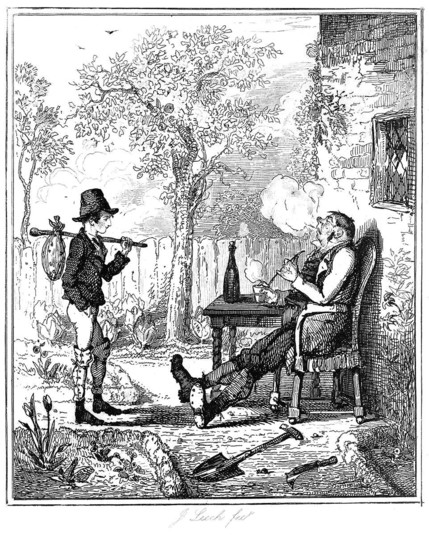 A boy carrying his belongings tied to a walking stick faces a man in an armchair smoking a pipe outdoors.