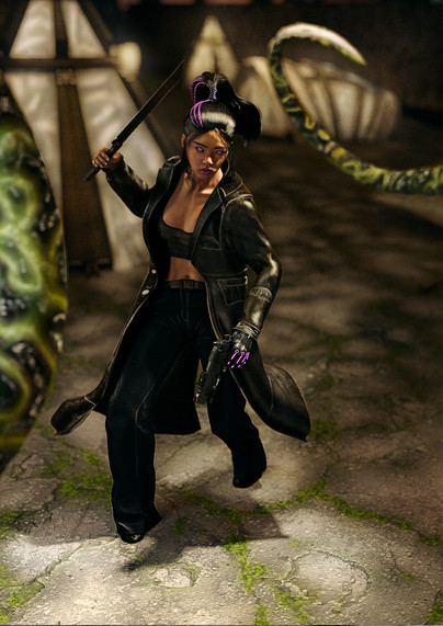 An Asian woman with two pink braids in her hair faces off against a tentacled monster. She wears a leather trench coat and has a wide-bladed machete and a pistol in either hand. Her eyes and arm are cybernetic.

Behind her, tents sit, illuminated in the darkness, in some sort of underground tunnel.