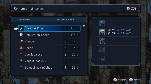 "Epee de Cloud" chez un marchand dans Sea of Stars