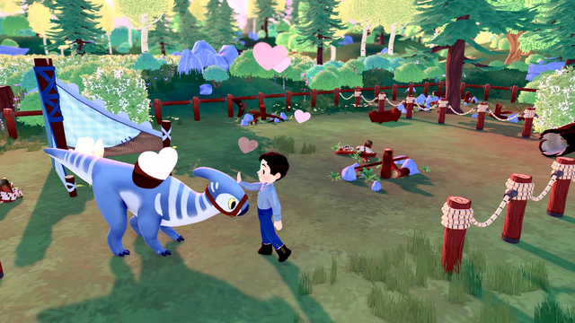 Screencap of Paleo Pines (PS5) with the player petting Lucky, the game’s main dinosaur buddy.