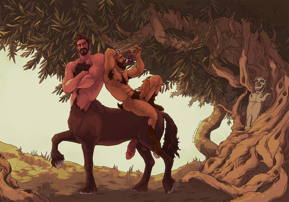 Colored drawing of a centaur and a satyr, standing in the shade of a large olive tree. 
The image is colored in dark reddish hues, like under an oppresive afternoon sun.
The centaur, a tanned man with the lower body of a horse, is standing in profile to the viewer. He's got a beard and a thick pelt of chest hair, and has his arms crossed in front of his chest. He has his upper body turned around slightly, looking over his shoulder with an ironic grin, at the satyr riding him. 
On his horse back, his shoulders resting against his human back, lies a satyr, relaxing, eating grapes. He's a muscular man wiht light brown skin, an enormous hard cock, and the hornes, tail, and feet of a goat. 
Both the satyr and the centaur are aroused. 
They are resting in the shade of a huge and ancient olive tree, its trunk grown up around an old statue of Dionysous, smiling fondly.