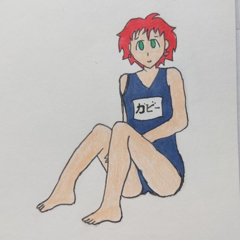 Gabriel wearing a blue school swimsuit, barefoot, sitting down and slightly smiling