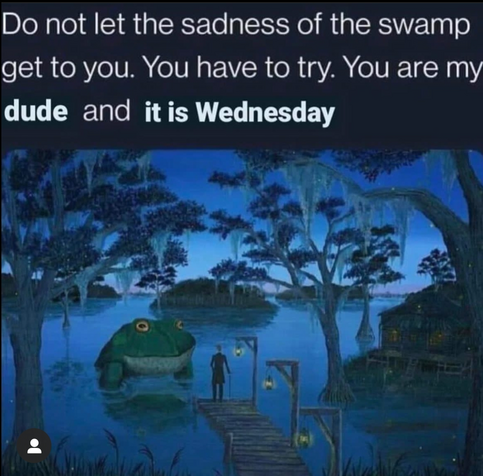 Do not let the sadness of the swamp get to you. You have to try. You are my dude and it is Wednesday

Painting of a man visiting a giant frog in the evening at a pier in the swamp.
