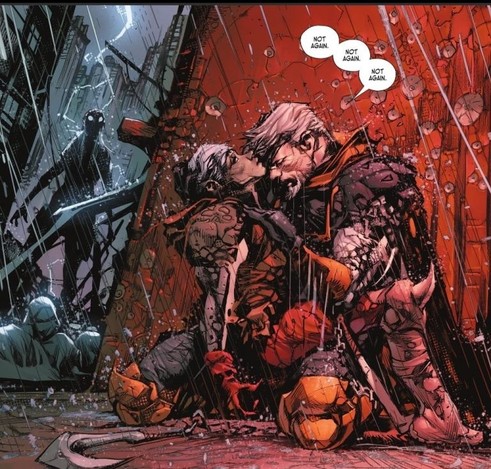 Deathstroke tient son fils nouvellement trouvé dans ses bras, apparemment mort.
Pluie, Orage, on a tout le drama, hein.
Deathstroke : "Pas encore. Pas encore. Pas encore."