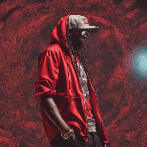 Hip-hop art: black man with long black dreadlocks hanging down on his shirt, facing right, wearing shades, grey baseball cap, grey shirt with red writing, red leather looking hoody, sleeves rolled up, hood partly up over the rear of the head, with background of a surreal wall of black and red swirling