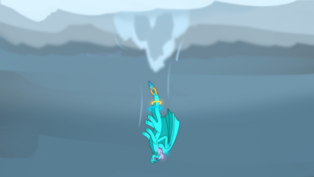 A drawing of Warp, a light blue dragon, falling through a cloud.