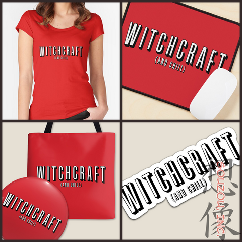 A shirt, a mousepad, a bag, a button, and a sticker with a parody of the Netflix logo that says "Witchcraft and chill"