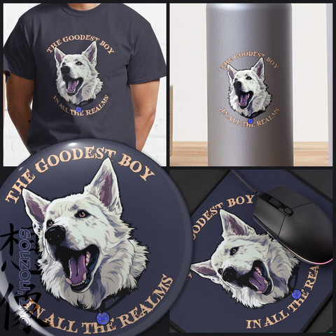A shirt, a sticker, a button, and a mousepad with a drawing of the white dog from Baldur's Gate 3 and the text "The Goodest Boy in All the Realms"