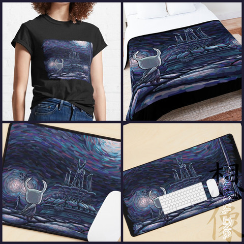 A shirt, a blanket, a mousepad, and a desk mat with a digital painting of a scene from Hollow Knight in the style of Van Gogh.